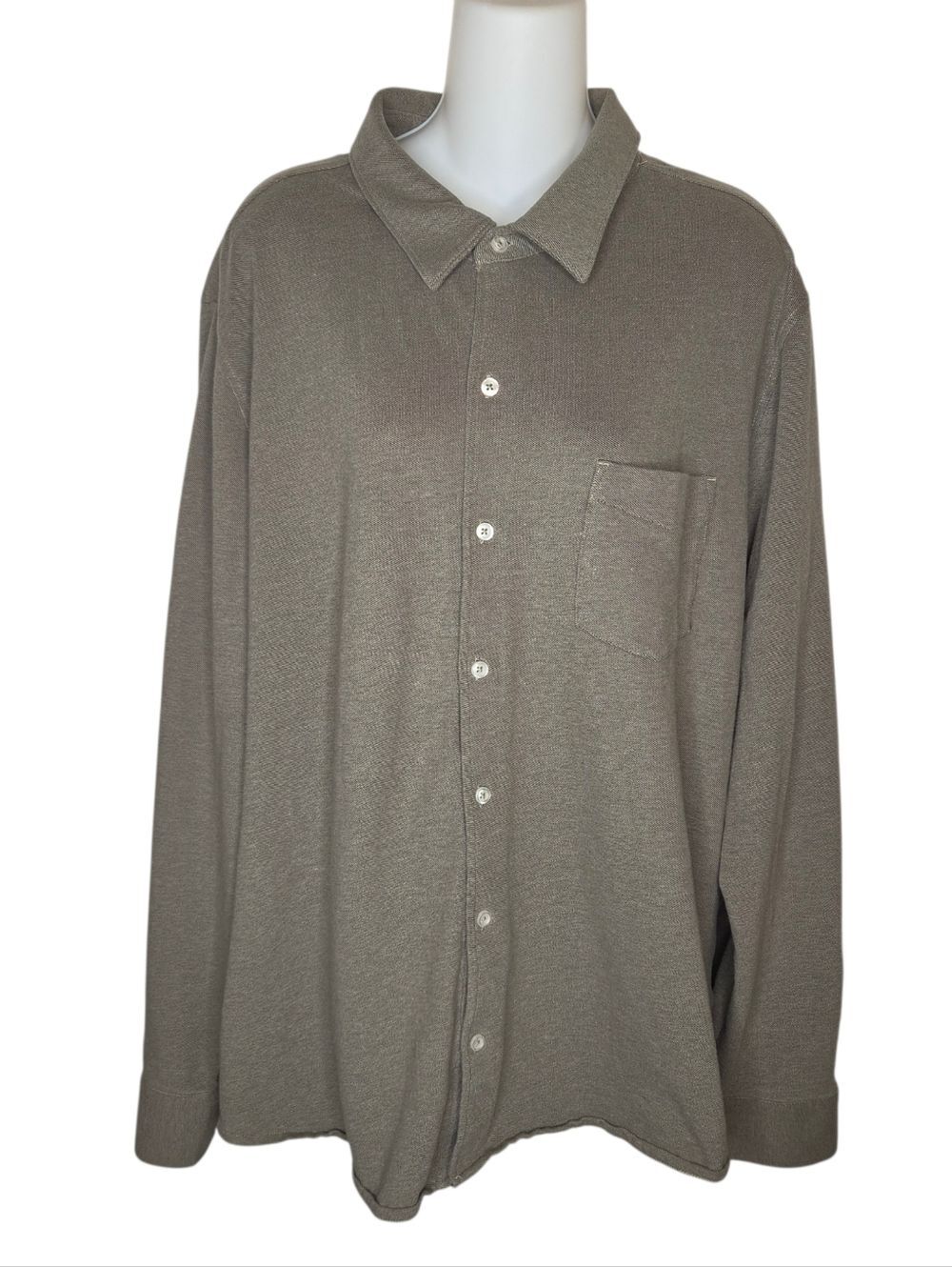 Lands' End Men's XL Olive Green Knit Button-Down Shirt, Stretch Long Sleeve